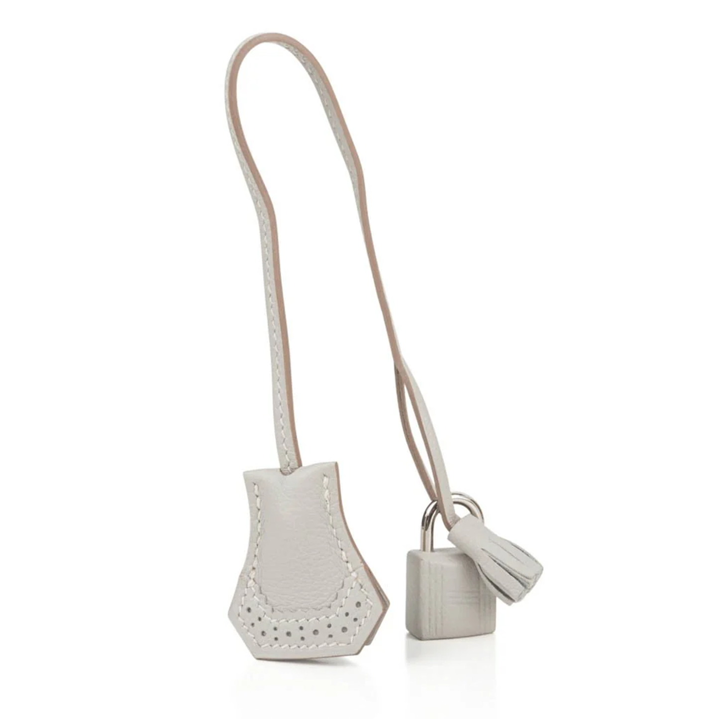 Tri-Tone Taupe Ash Cream Perforated Eyelet Trim Spacious Structured Hand Tote With Sleek Silvery Twist Lock Hardware, Matching Perforated Suspended Tag And Compact Striped Metal Padlock Charm