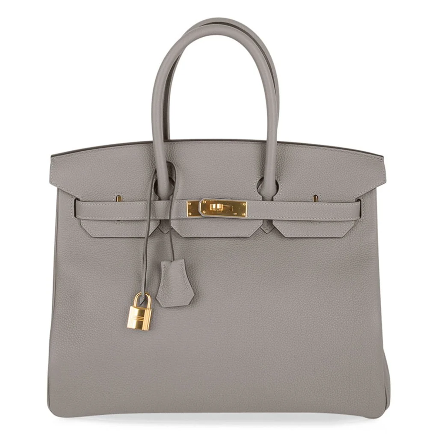 Calm Asphalt Grey Gentle Pebbled Grain Spacious Structured Hand Tote With Seamless Fine Stitching, Polished Golden Twist Lock Hardware And Matching Suspended Textured Tag Striped Metal Padlock Charm