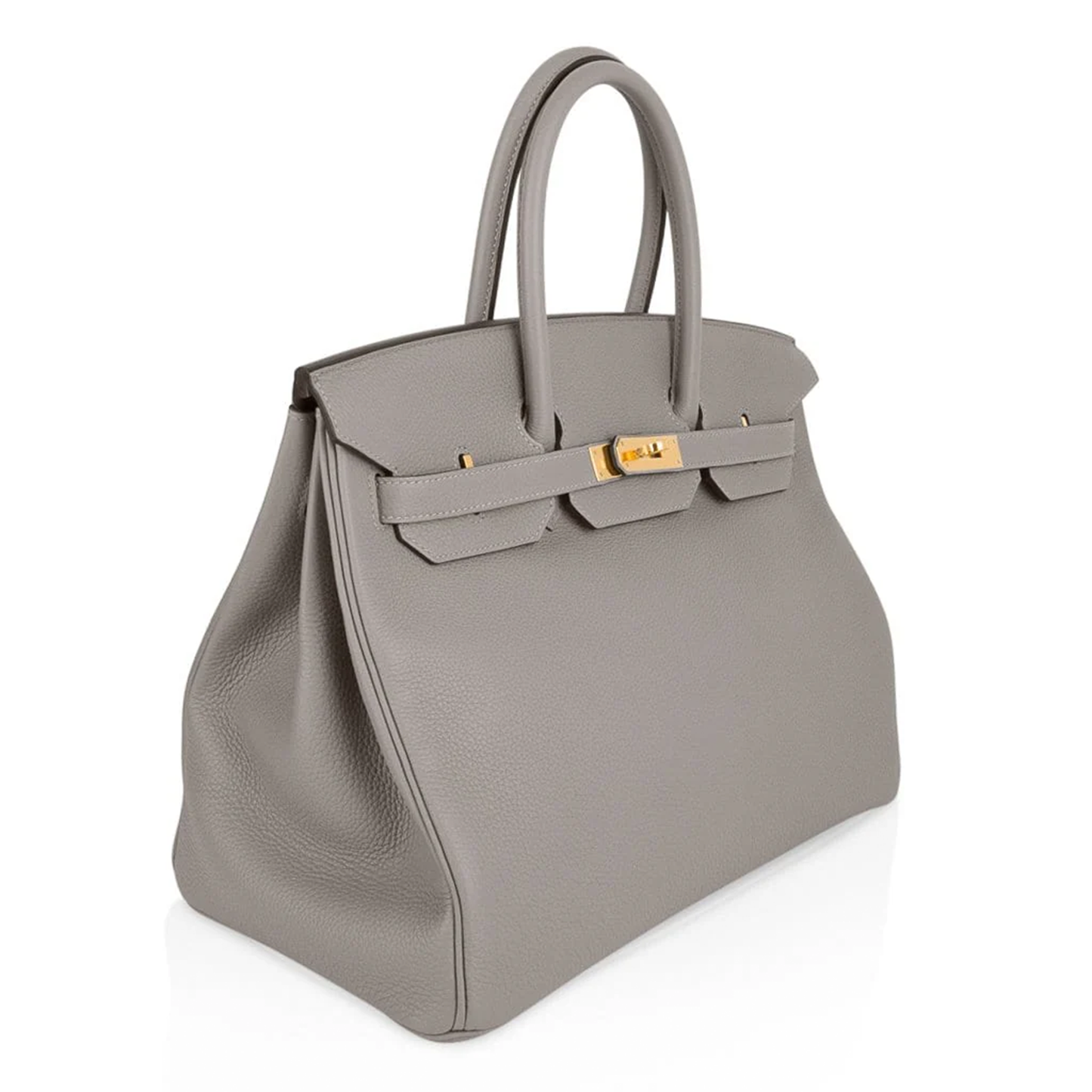Calm Asphalt Grey Gentle Pebbled Grain Spacious Structured Hand Tote With Seamless Fine Stitching, Polished Golden Twist Lock Hardware And Matching Suspended Textured Tag Striped Metal Padlock Charm
