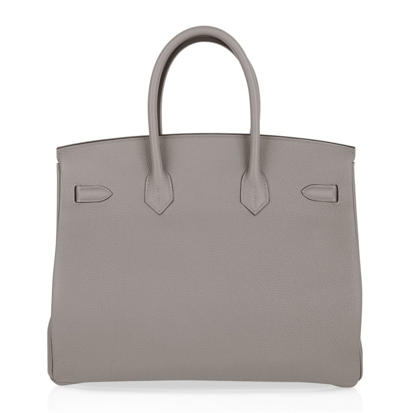 Calm Asphalt Grey Gentle Pebbled Grain Spacious Structured Hand Tote With Seamless Fine Stitching, Polished Golden Twist Lock Hardware And Matching Suspended Textured Tag Striped Metal Padlock Charm