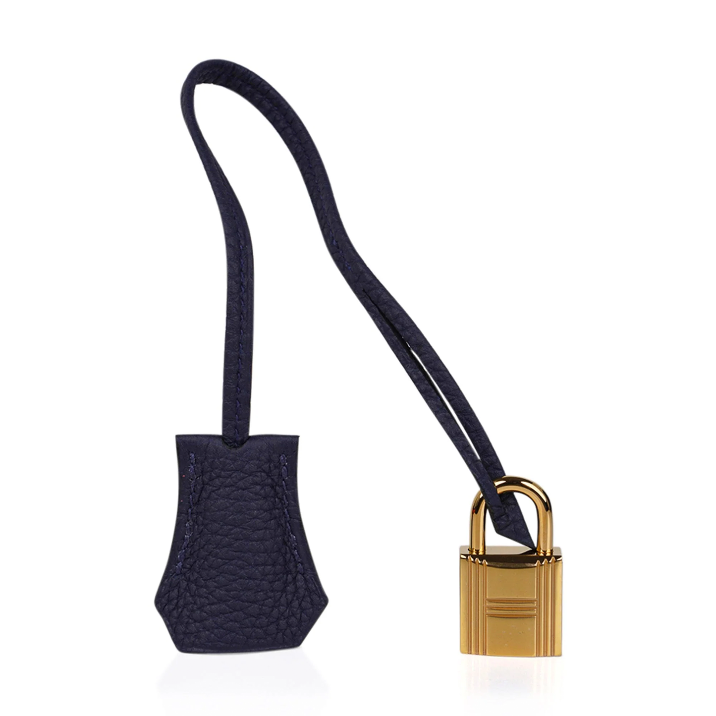 Saturated Midnight Navy Soft Subtle Pebbled Grain Roomy Structured Hand Tote With Seamless Uniform Stitching, Polished Golden Twist Lock Hardware And Matching Suspended Textured Tag Striped Metal Padlock Charm