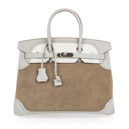 Tri-Tone Taupe Ash Cream Perforated Eyelet Trim Spacious Structured Hand Tote With Sleek Silvery Twist Lock Hardware, Matching Perforated Suspended Tag And Compact Striped Metal Padlock Charm