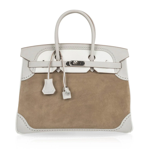 Tri-Tone Taupe Ash Cream Perforated Eyelet Trim Spacious Structured Hand Tote With Sleek Silvery Twist Lock Hardware, Matching Perforated Suspended Tag And Compact Striped Metal Padlock Charm