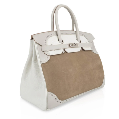 Tri-Tone Taupe Ash Cream Perforated Eyelet Trim Spacious Structured Hand Tote With Sleek Silvery Twist Lock Hardware, Matching Perforated Suspended Tag And Compact Striped Metal Padlock Charm